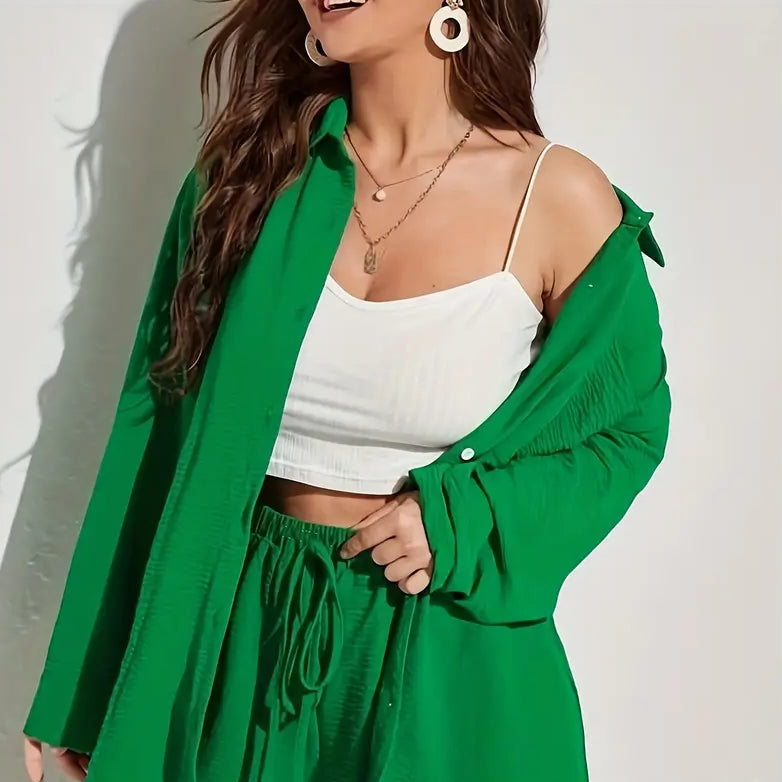 Casual Long Sleeve Shirt Two Piece Shorts Set