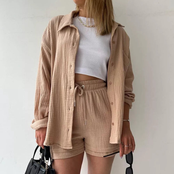 Casual Long Sleeve Shirt Two Piece Shorts Set