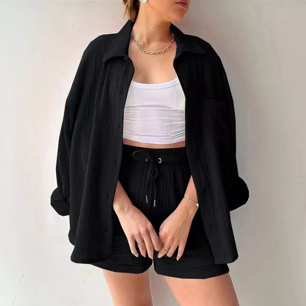 Casual Long Sleeve Shirt Two Piece Shorts Set