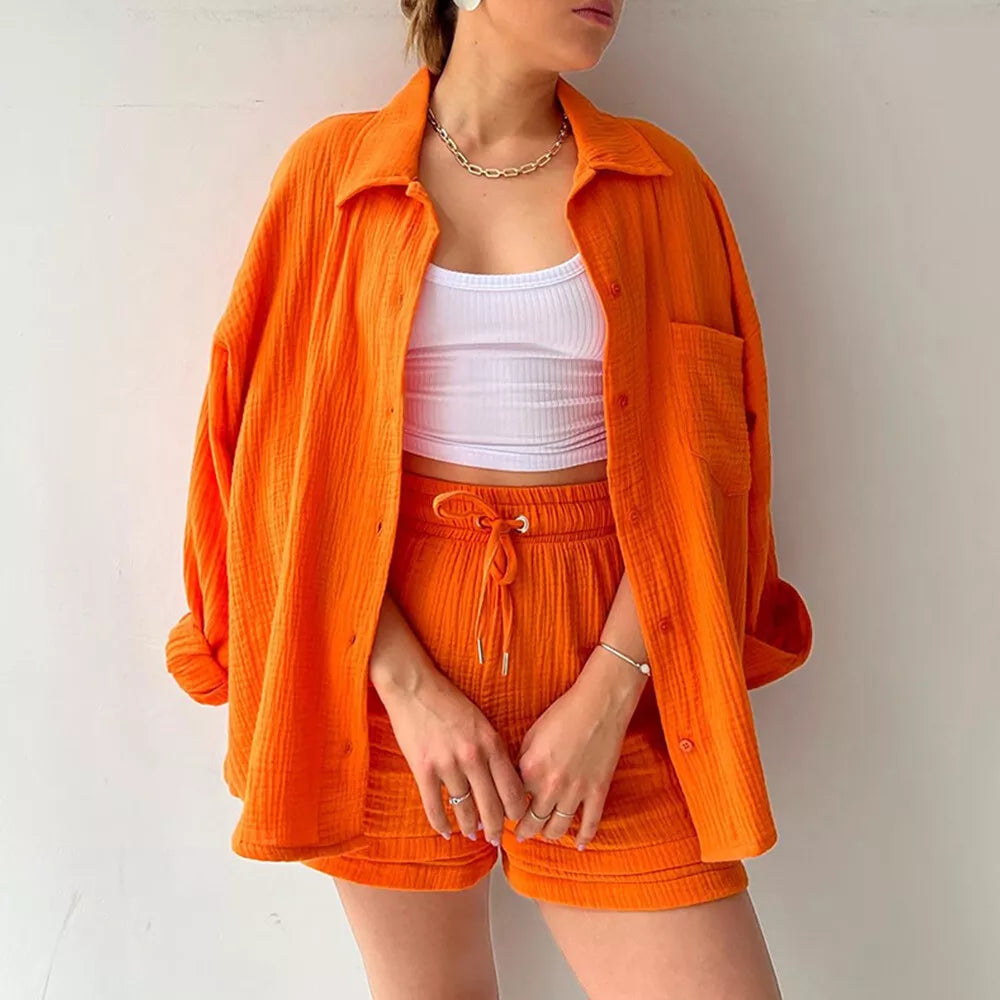 Casual Long Sleeve Shirt Two Piece Shorts Set